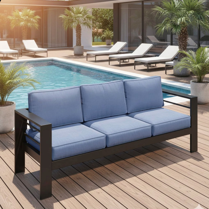 73" All-Weather Aluminum Patio Sofa, 3 Seat Outdoor Couch With  Thick Blue Cushions & Black Frame, Blue, Black