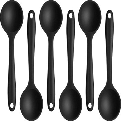 6-Piece Black Silicone Cooking Serving Spoon Set, 10.8" Non-Stick Kitchen Utensils for Home & Outdoor Use