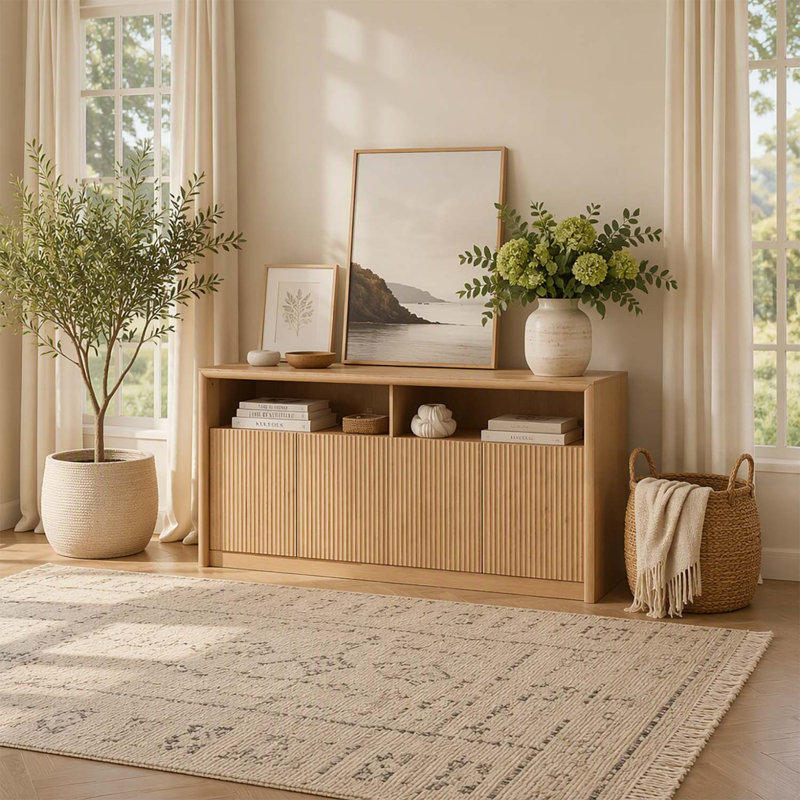 Buffet en bois de 170 cm avec bande lumineuse DEL, prises électriques et 4 compartiments de rangement pour un style de vie moderne
