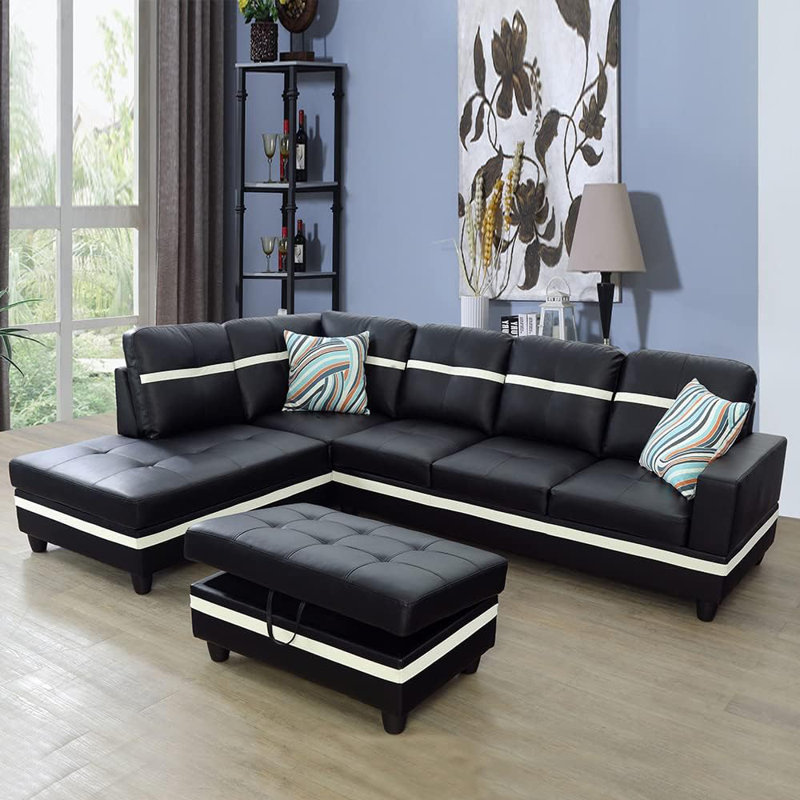 3 - Piece Semi Pu Synthetic Leather Sectional, Dark Gray Faux Leather
