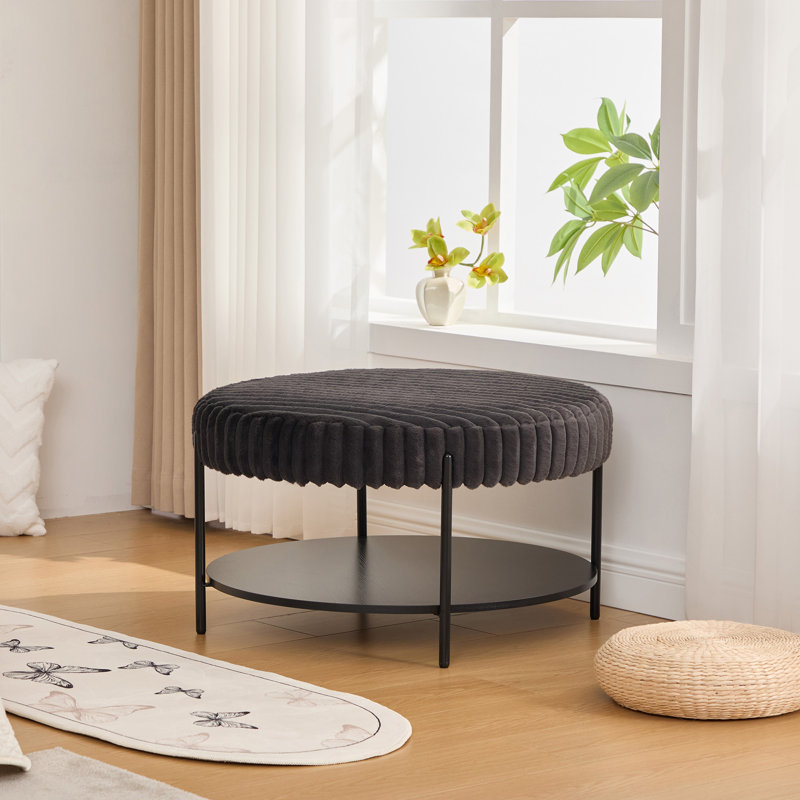 Repose-pieds rond rembourré avec tablette inférieure et pieds en métal Mase, Gris anthracite