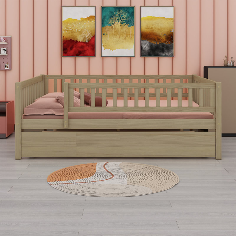 Wood Daybed With Trundle And Fence Guardrails, Natural