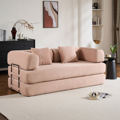 Convertible Sleeper Sofa Bed with Cylindrical Pillow, Corduroy Folding Mattress Couch for Living Room and Bedroom