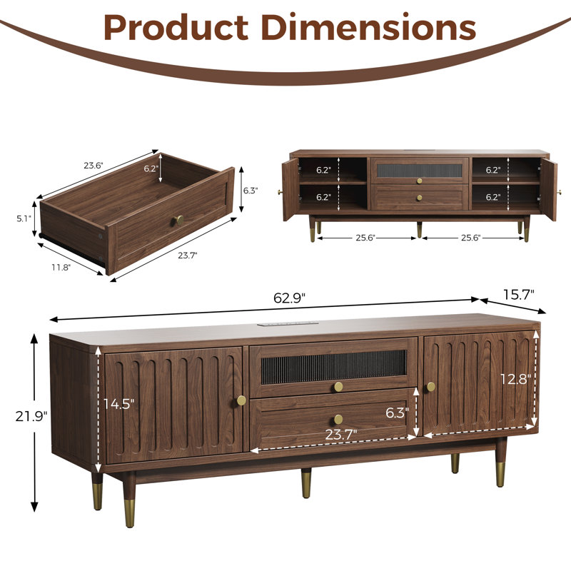Maggie For 72 Inch Tvs, 63'' Entertainment Center With Storage And Drawer, Led Lighting Charging Station And Arched Design, Mid Century Modern Maggies For Living Room