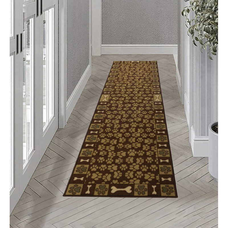 Slip Resistant Washable Brown Pet Paw &Bone Design Low Pile Area Rug 2x7, Rectangle 5' x 7'