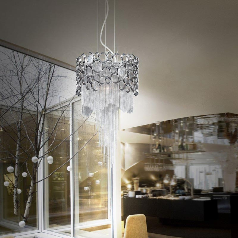 Luminaire suspendu en forme de chaîne en acier inoxydable, Transparent, 16” Dia x 26” Height, Acier noirci
