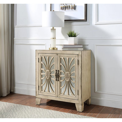 Console avec finition blanc antique - 2 portes à pieds fuselés rectangulaires, 1 tablette de rangement et miroir à l'avant H 32 po x l 28 po x P 15 po