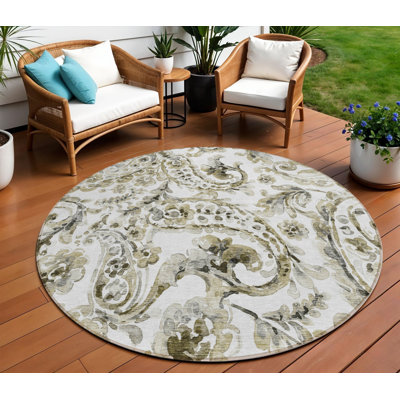 Tapis extérieur rond lavable à motif cachemire brun et ivoire 8 pi