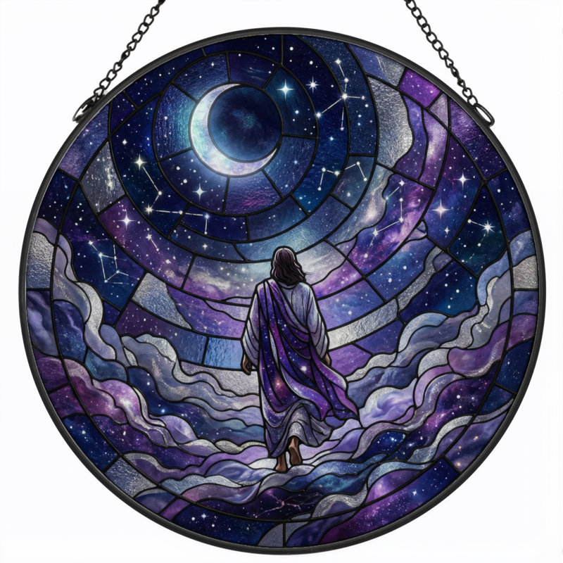 Starry Sky Stained Glass Window Panel，7.8H, 7.8"H