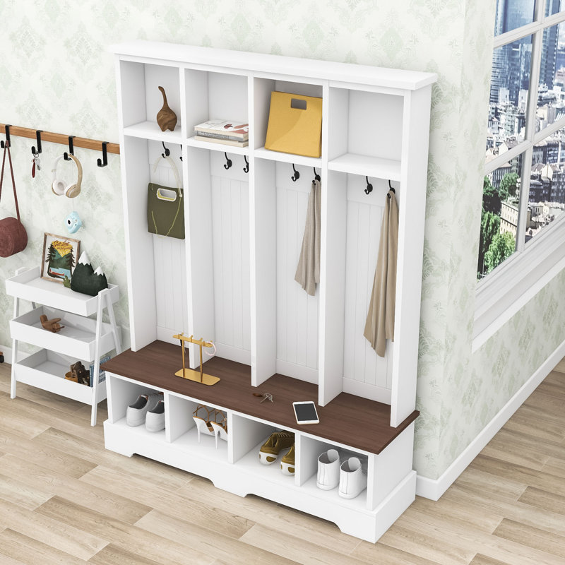 Hall Tree with 8 Hooks and Open Compartments, White