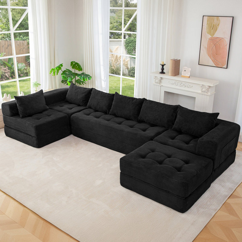 Boneless U Shaped Modular Sectional Sofa Couch, 15" H x 135" W x 63" D, Black Corduroy
