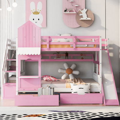 Full-Over-Full Castle Style Bunk Bed with 2 Drawers 3 Shelves and Slide - Pink