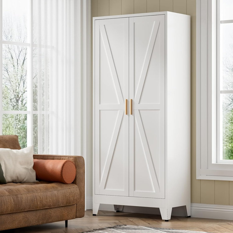 Armoire de rangement à 5 niveaux avec 2 portes de grange, Blanc
