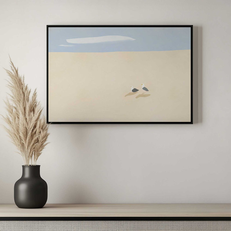 «Minimal Sand Beach With Seagull» par Little Dean, reproduction d'art sur toile, H 12 po x l 16 po, Noir