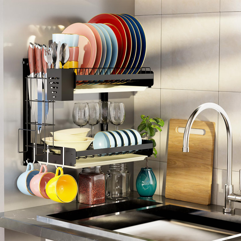 Hanging Wall Mounted Dish Drying Rack, Apartment & RV Wall Mounted Dish Rack, Small Kitchen & Clean Countertop Solution, 2 Layers, (Black)