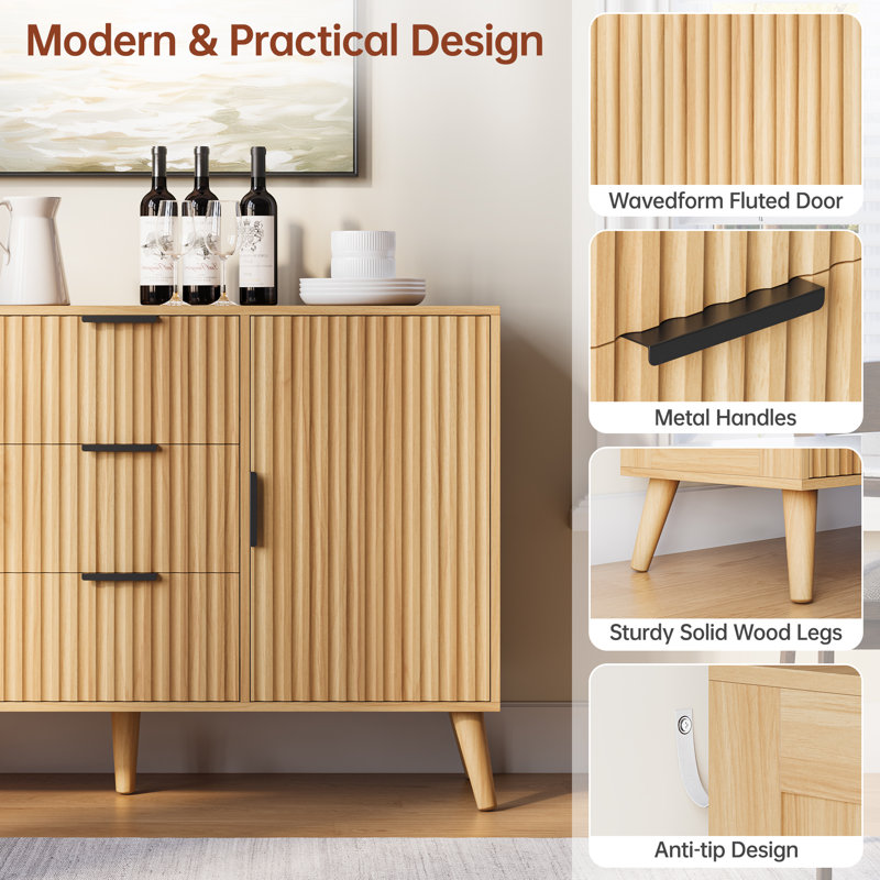 47.2"W 2 - Door Sideboard Storage Cabinet With 3 Drawers and Sheleves, Natural