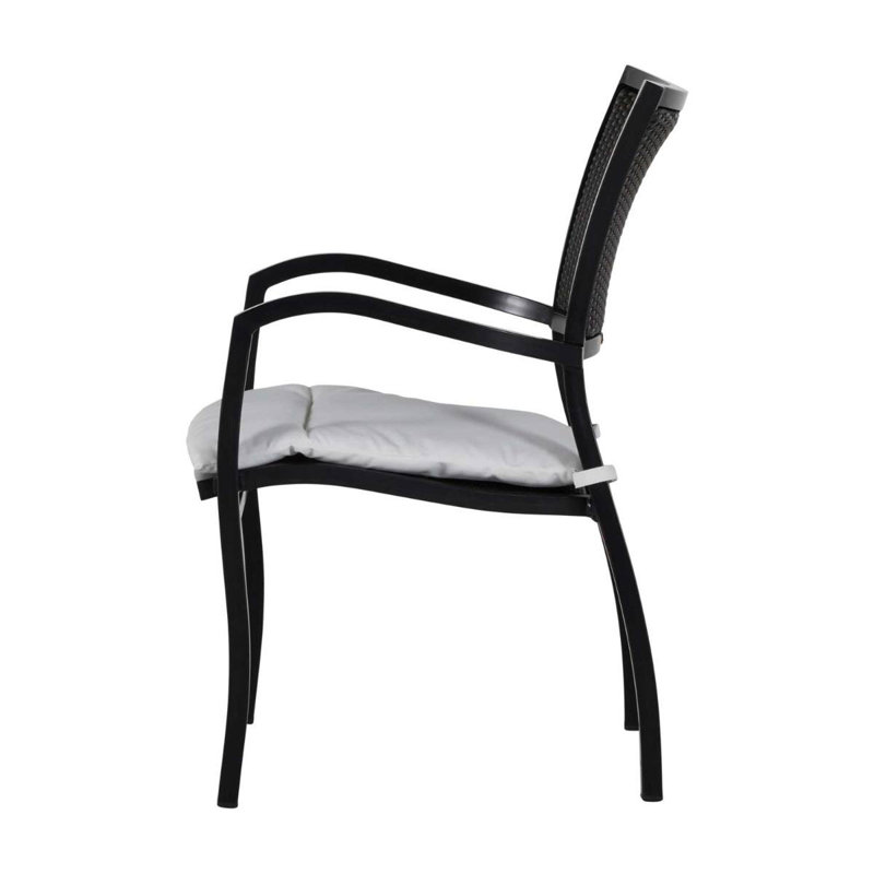 Aire Stacking Patio Dining Armchair With Cushions, Aire #2 Ancient Earth/Black Walnut, No Welt, Cabana Navy Stripe Sunbrella®