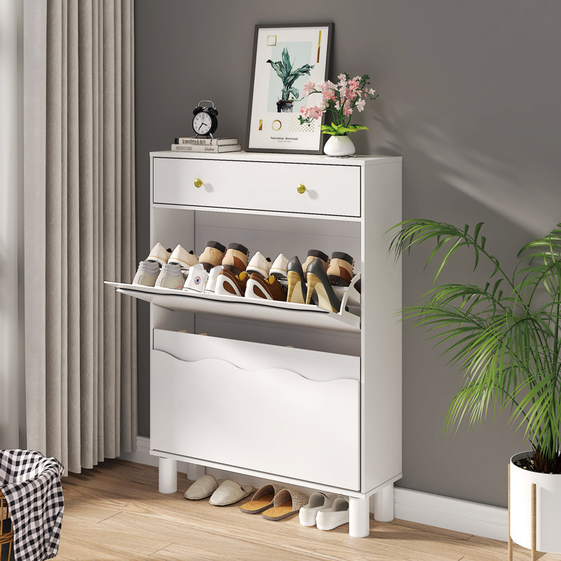 2-Tier Shoe Cabinet with Drawer Entryway Storage Unit, White