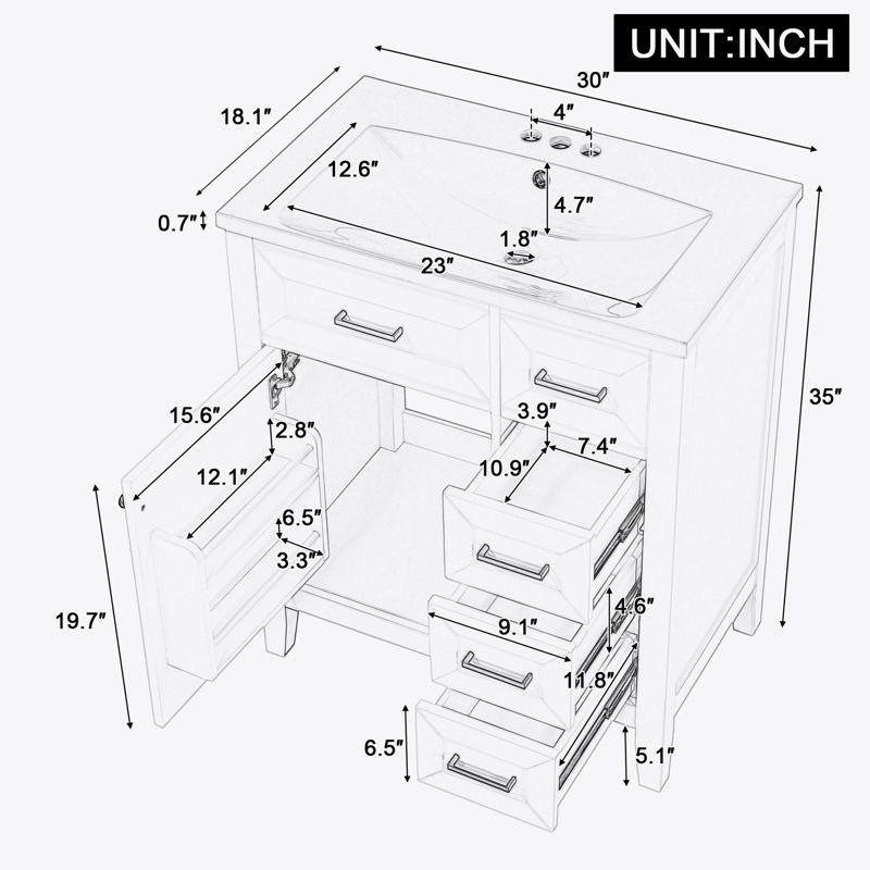 Meuble-lavabo 30 po avec lavabo, armoire de salle de bain blanche avec tiroirs, structure solide et panneau de fibres à densité moyenne (ancien numéro de référence: N725S999222K)