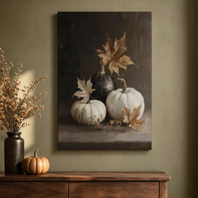 Nature morte aux tons neutres de citrouilles et de feuilles d'automne, reproduction d'une peinture à l'huile sur toile tendue, 61 x 91 cm, prête à accrocher