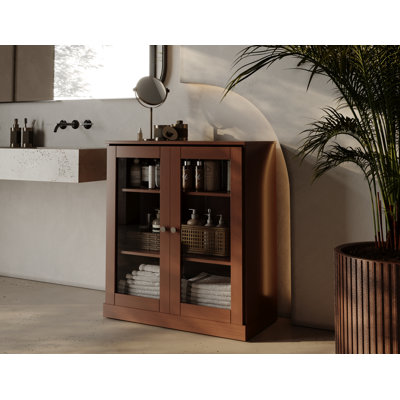 100% Solid Wood 32" Bathroom Cabinet with Clear Glass Doors and Adjustable Shelves