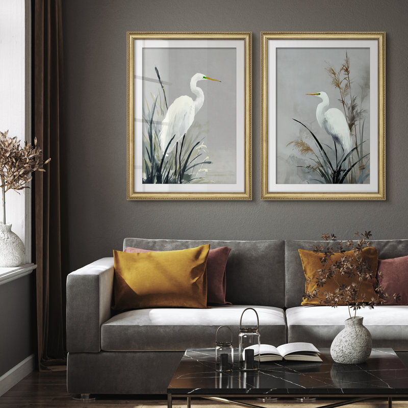 Ensemble de 2 décorations murales 26 po x 36 po Elegant White Heron Marsh Grass Minimal Nature