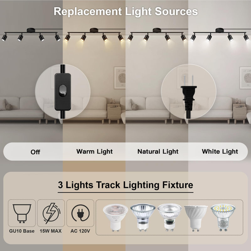 Plug In Track Lighting LED, Black 4-Light Kitchen Light Kit, Plug In Wall Light With 14.8Ft Power Cord, Rotatable Ceiling Spotlight(GU10 Socket, NO Bulb)