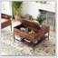 Table basse à plateau rabattable avec rangement caché et plateau relevable, noyer foncé et métal noir pour les salons modernes