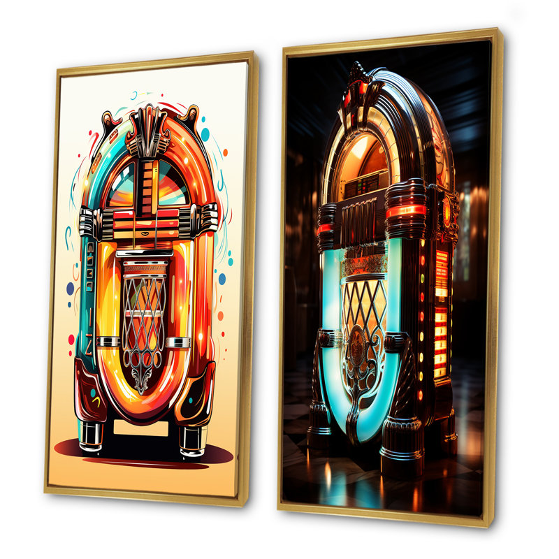 Cubist Jukebox Harmony II - Jukeboxes, ensemble de 2 reproductions d'art mural, Cadre flottant doré, H 28 po x l 25 po