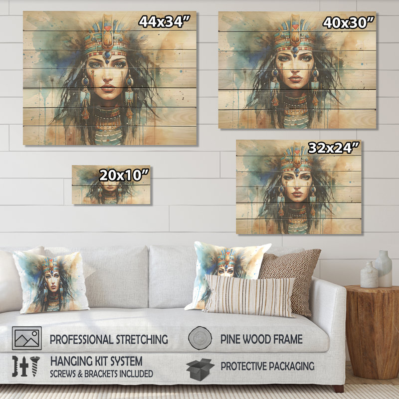 Gold And Blue Pharaoh Egyptian Woman Beauty V - Egypt On Wood Print, 24" H x 32" W x 0.78" D