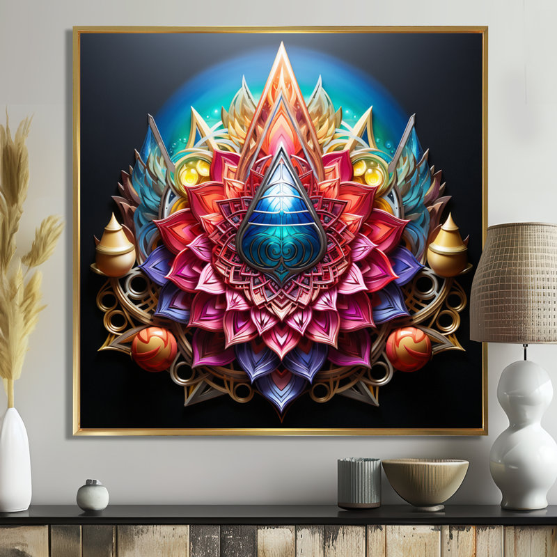 Art géométrique cosmique arc-en-ciel - mandala boho, Cadre flottant doré, H 36 po x l 36 po