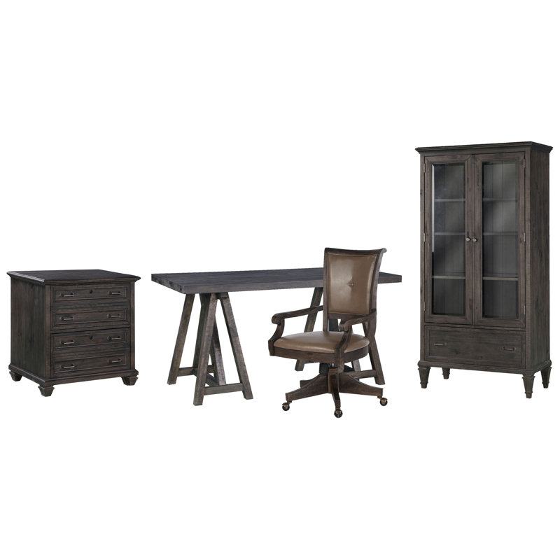 Desk With Chair Lateral File And Door Bookcase, 4 Pieces: Desk, Chair, Filing Cabinet, Bookcase, Weathered Charcoal