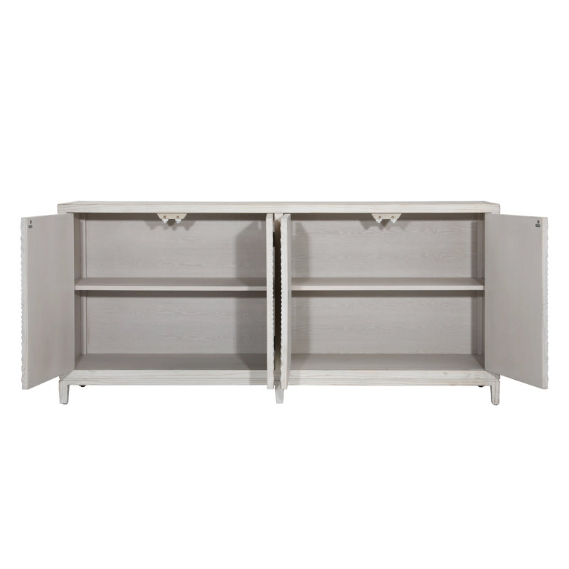 Melrose 79-Inch Pine Light Wash 4-Door Sideboard With Hand Carved Burst Pattern Door Fronts