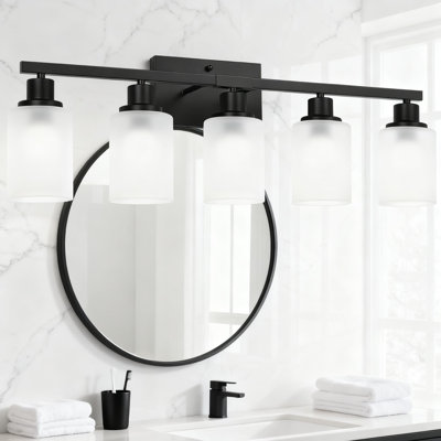 5-Light Vanity Light Fixture With Milky White Glass Shades, Modern Matte Black Bathroom Lighting For Mirror, Vanity, Bedroom, And Living Room