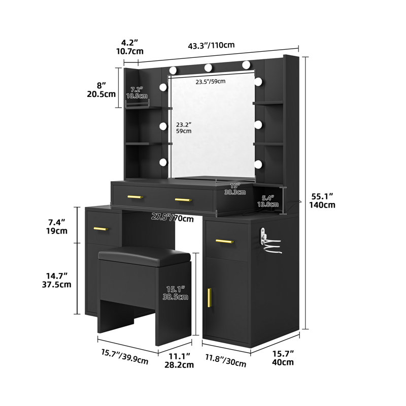 Vanity With Built-In Outlets And Lighted Mirror, Black