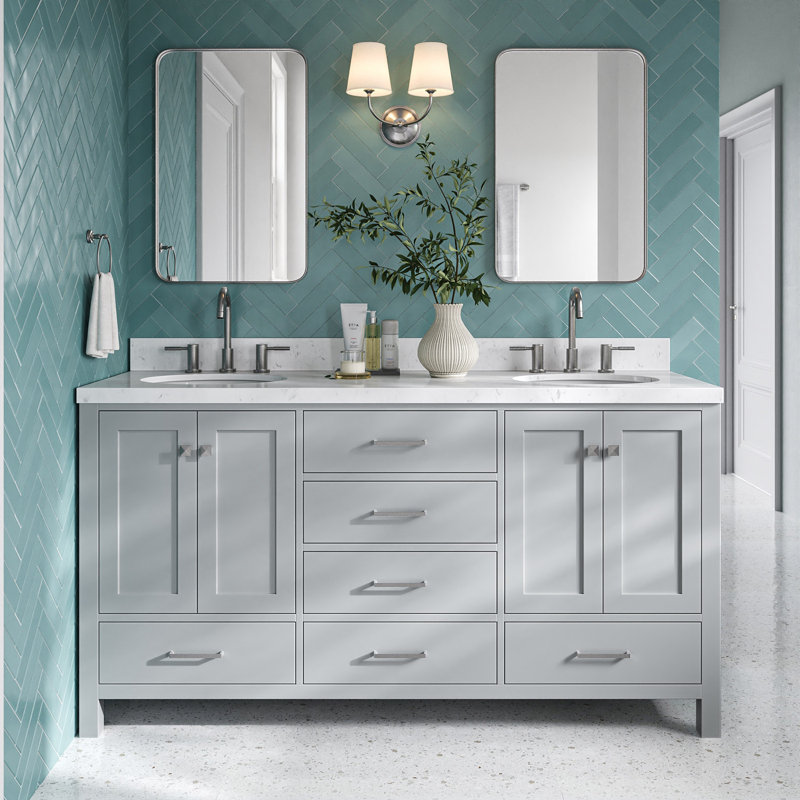 Cambridge 66.25'' Double Bathroom Vanity with Carrara Quartz Top, Gray / Brushed Nickel