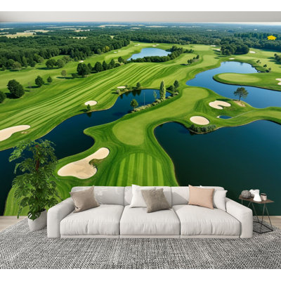 Peel and Stick Wallpaper Golf Course Picture Golf Course Fairways Sand Bunkers Water Wall Murals 100"H x 144"W Removable PVC Wall Paper Self-Adhesive Wall Decor for Bedroom Living Room Home Office