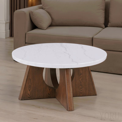 Modern Style 1pc Coffee Table Marble Top Pedestal Base W/ Cutoff White And Brown Oak Finish Living Room Furniture