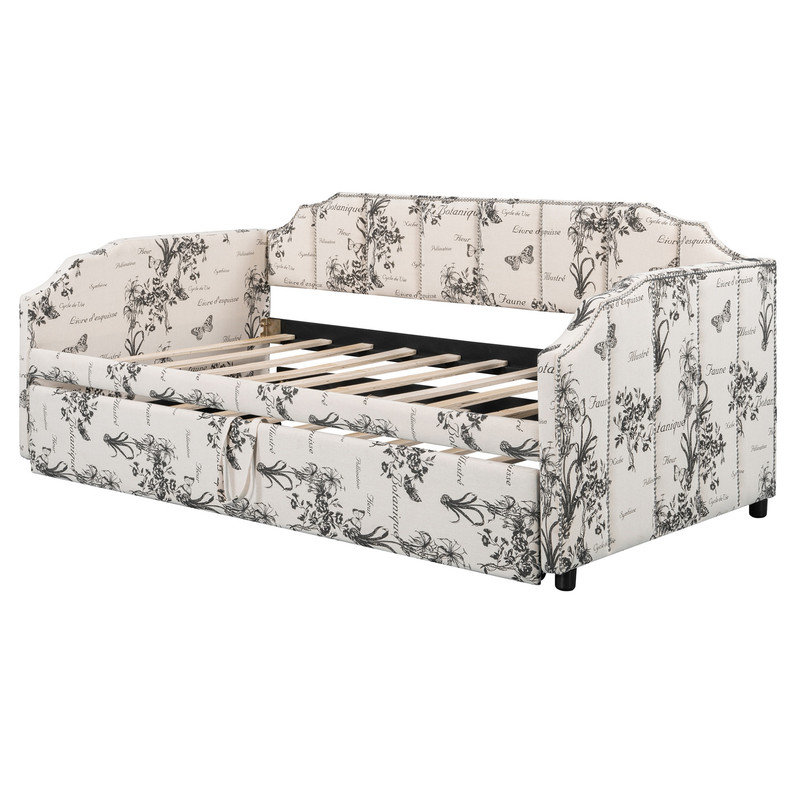 Lit de jour simple rembourré avec couchette escamotable et ports de chargement USB, imprimé botanique