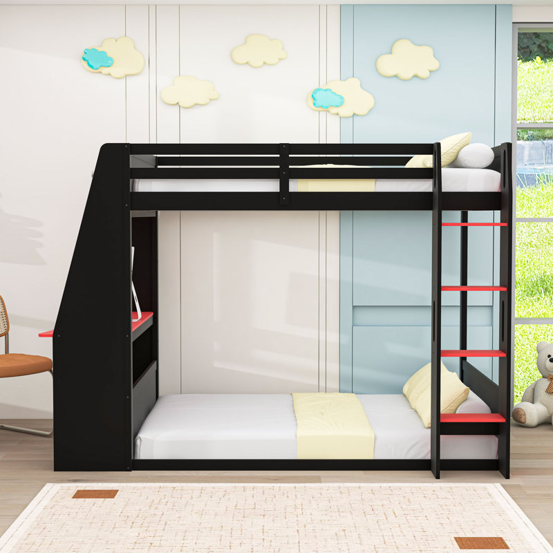 Lit superposé en bois avec bureau, chargement USB, DEL et tablettes, Double sur double, Noir / rouge
