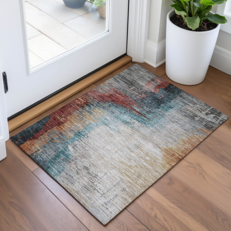 Machine Washable Indoor/Outdoor Xhevrie Teal Rug, Rectangle 1'8" x 2'6"