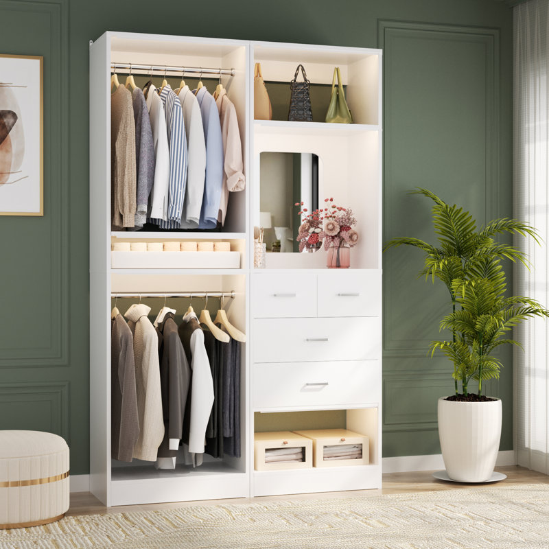 Freestanding Closet System with Drawers, Mirror and Hanging Rods, White