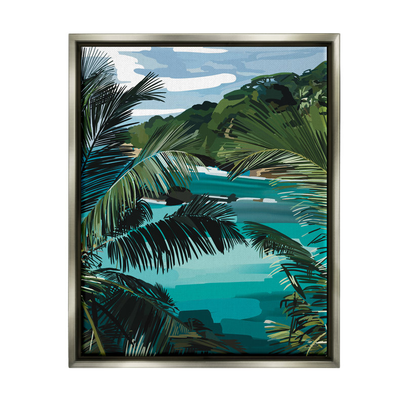 «Tropical Ocean Inlet Lush Palm Tree Hills» par Amelia Noyes - Peinture, H 31 po x l 25 po x P 1,7 po