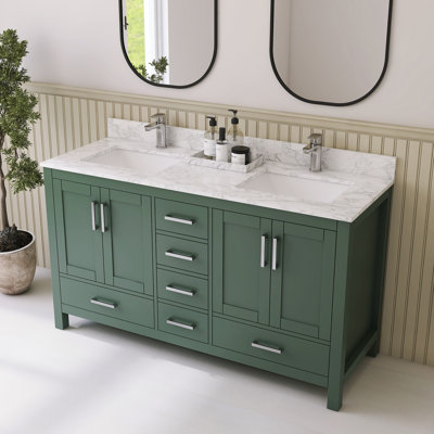 60" Freestanding Double-Sink Bathroom Vanity With White Granite Countertop