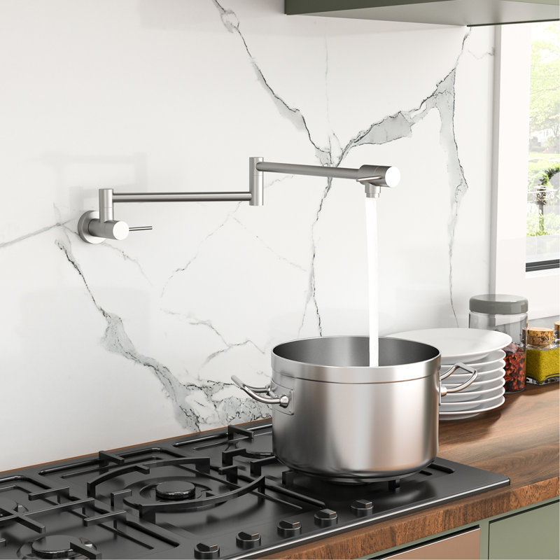 Robinet remplisseur mural à deux poignées en nickel brossé, bras pivotant à 360 °, pliable et extensible, laiton pour remplissage de cuisine sur robinet de robinet de commodité, nickel, poignées, pivotant, design