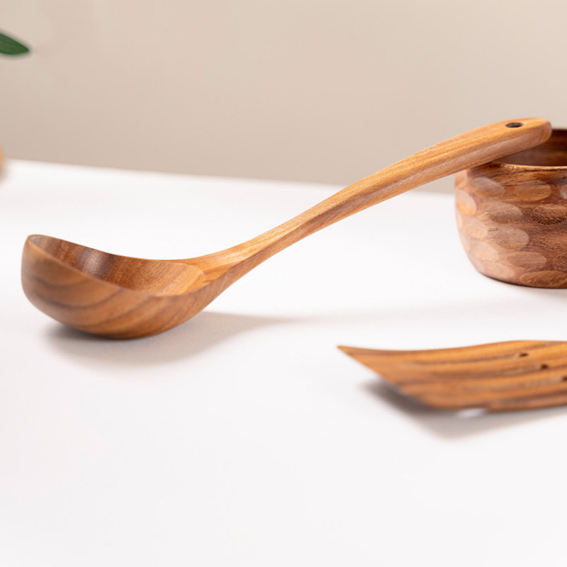 Ensemble d'ustensiles de cuisine de 6 spatules de cuisine en bois de teck naturel avec porte-ustensiles Comfort Grip