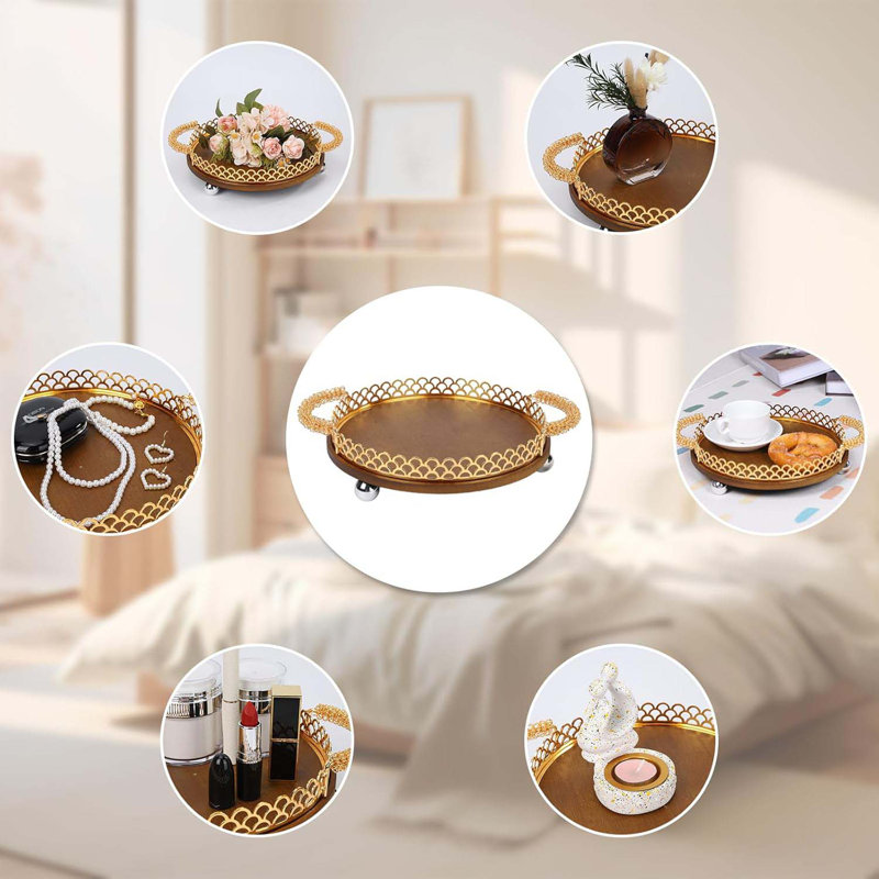 Round Decorative Wooden Tray With Metal Handles 9 In Fish Scale Decorative Serving Trays Bottom Plush Suitable For Any Table Decoration Multifunctional Circular Tray With Handle