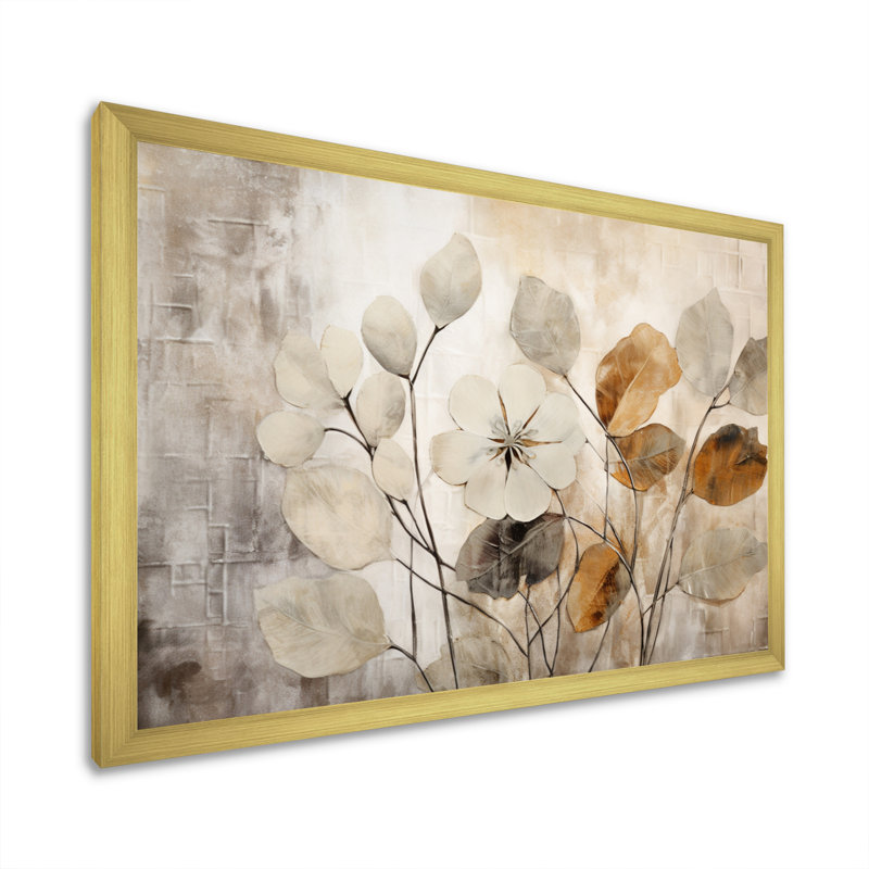 «Beige Botanical Impressions III - Abstract Botanicals», art encadré, H 16 po x l 32 po, Cadre photo unique, Doré