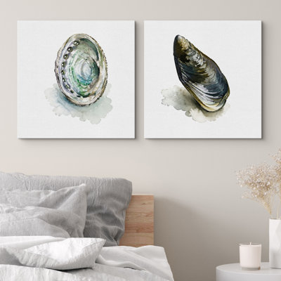 Abalone et coquille de moule, ensemble de 2 reproductions d'art encadrées sur toile encadrées bleu vert bord de mer