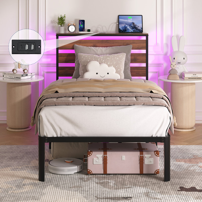 Twin Bed Frame with Lighting and Charging Headboard